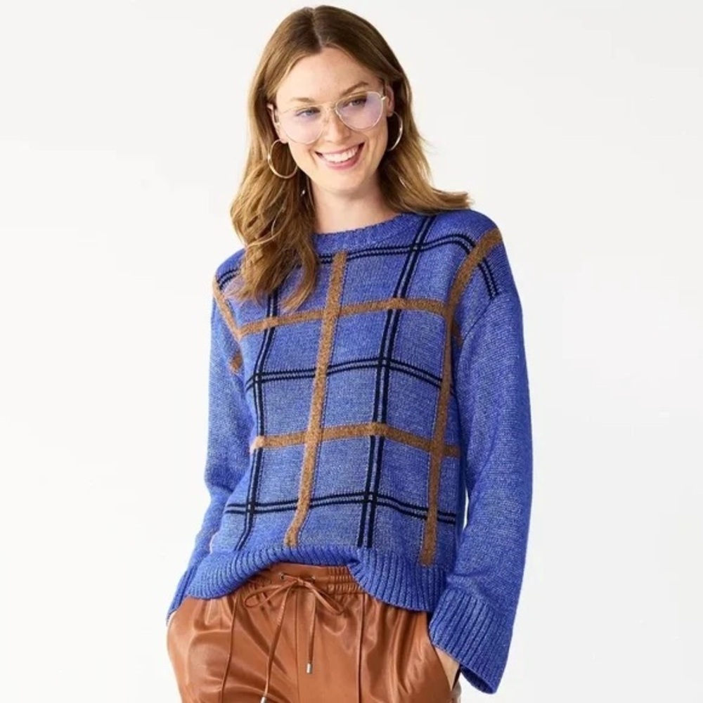 Nine West Blue and Brown Plaid Sweater